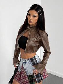 StreetHx Women's Gothic Vintage Washed PU Leather Jacket, Autumn/Winter Fall Cloth For Women - Rust Brown - View 2