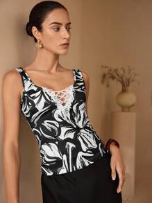 Shutterstock Glamance Women's Lace Detail Black & White Print Fitted Camisole Lace Up Top Tops For Women Elegant Criss Cross Top Flowy Top Casual - Black and White - View 6