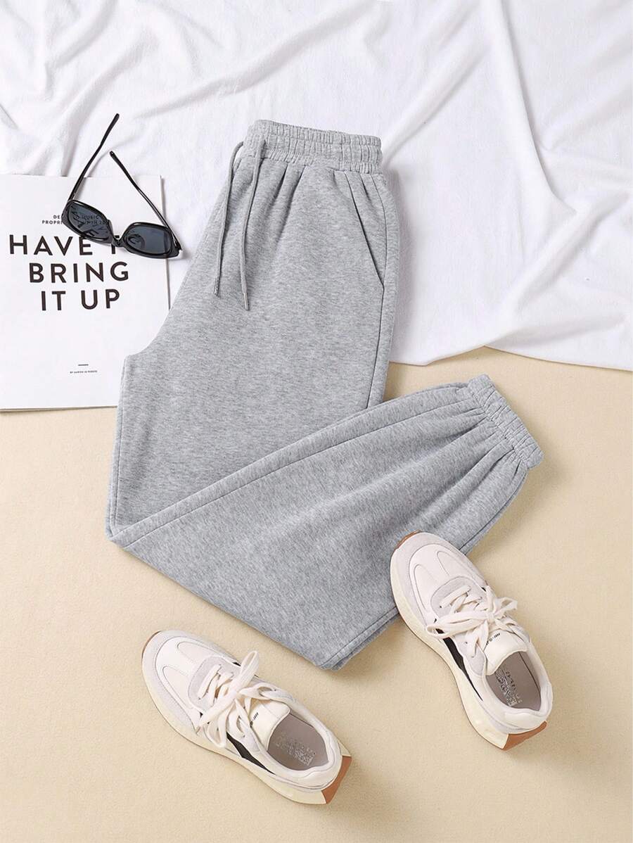 INAWLY 女用抽繩腰抓絨慢跑褲