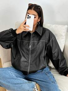 SHEIN EZwear 大码做旧渐变色PU皮夹克，带内衬，秋冬款 - 黑色 - 查看 5