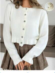 EURMUSE Elegant Crew Round Neck Ruffle Hem And Cuff Solid Color Brushed Yarn Balloon Sleeve Button Cozy Office Chic Cardigan For Fall Winter White Cardigan Sweater Cropped White Cardigan Fall Women Back To School Y2K,Long Cardigans Woman,Petite Cardigans,Cardigans - White - View 2