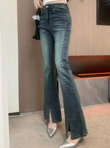 Dazy Tall Jeans de talle alto y acampanados informales con abertura para mujer alta, sexy y con estilo - Azul lavado medio - Ver 3