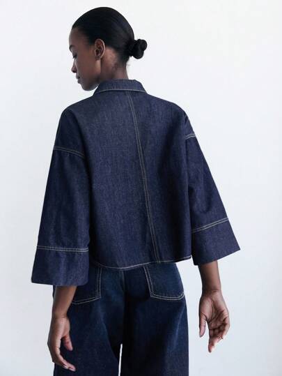 Maija 女式深蓝色牛仔上衣，七分袖，宽松衬衫，度假风格和复古风格的秋季女装