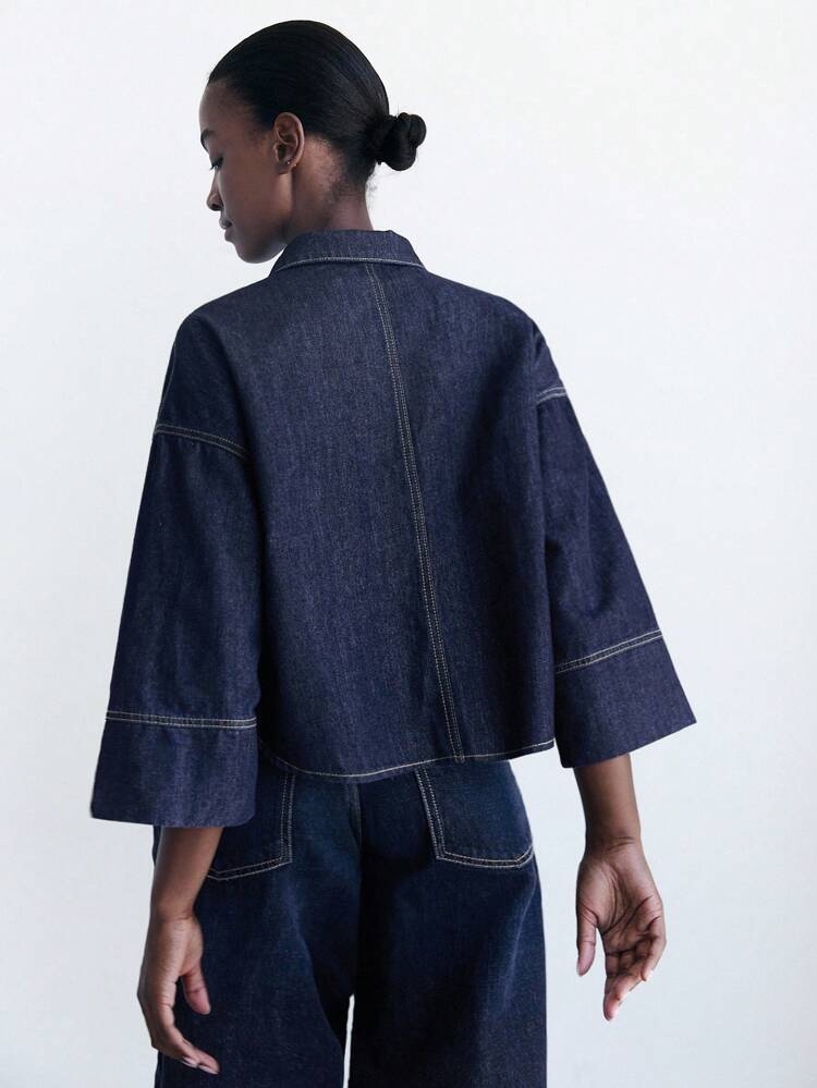 SHEIN Maija Women's Dark Blue Denim Top With Three-Quarter Sleeves And Loose Shirt, Vacation Style And Old Money Style Fall Women Clothes
