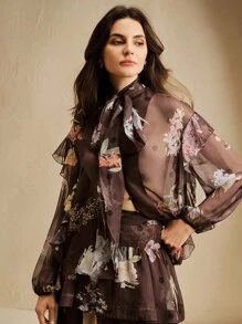 Anewsta Women's Floral Print Mesh Drop Shoulder Ruffle Trim Loose Fashion Blouse - Brown - View 4