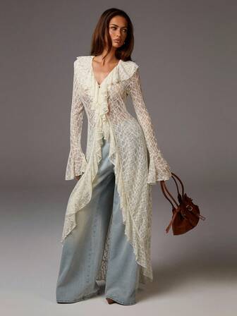 Athîral Women's Elegant Solid Color Lace Ruffle Flare Sleeve Dress Lace Outfit Women Lace Duster Lace Cardigan Anthropologie Clothes Free People