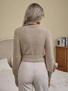 Louniche Floral Print Wrap-Style Cropped V-Neck Tie Waist Long Gigot Sleeve Casual Elegant Sweater For Women,Long Sleeve Tops