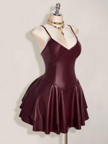 SHEIN ICON Plus Size Y2K Women's Burgundy PU Leather Sexy V-Neck Mini Dress,Wedding Guest Dress Women