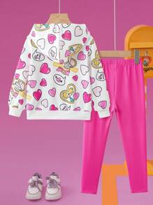 Nick 90s | SHEIN 少女可爱卡通心形印花白色长袖连帽卫衣和修身粉色针织裤两件套 - 彩色 - 查看 2