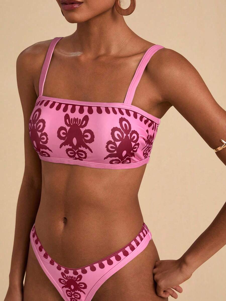 Travachic Damen Sommer Strand Blumen Muster Sexy Bikini Badeanzug Set, Rosa Bikini Set Zwei Teile Badeanzug, Bademode für Damen, Rosa Bescheidener Bikini Set 2 Teile Badeanzug - Heißes Pink - Übersicht 1