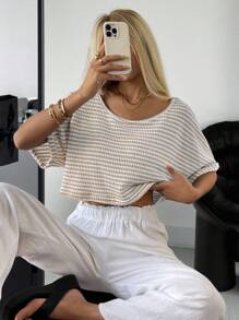 SHEIN EZwear Semi-Sheer Knitted Scoop Neck T-Shirt In Khaki With Asymmetrical Design Striped Crop Top Cropped Knit Top - Khaki - View 6