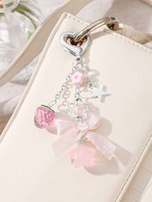 ROMWE Kawaii 1 件时尚精致百搭优质银链星形树脂花草莓圆点丝带蝴蝶结星形吊坠 DIY 钥匙扣包饰，适合女士/女孩日常佩戴，节日礼物 - 粉色 - 查看 9