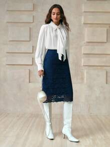 Arave 女士高端优雅法式蕾丝裙，适合通勤，春夏季 - 藏蓝色 - 查看 4