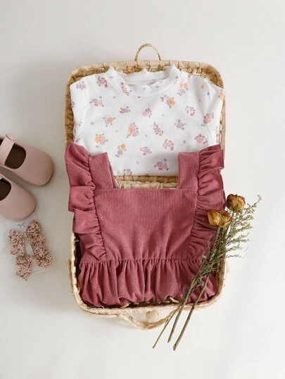 SHEIN 女童罗纹碎花荷叶边领口长袖连体裤，含围裙，秋冬款