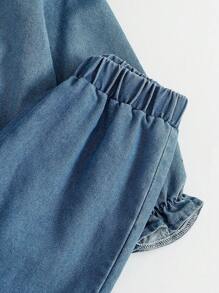 SHEIN 女童休闲简约翻领荷叶边长袖上衣和裤子套装，秋冬装 - 藍色 - 查看 6