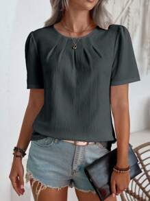 SHEIN LUNE 夏季休闲纯色泡泡袖衬衫 - 灰色 - 查看 1