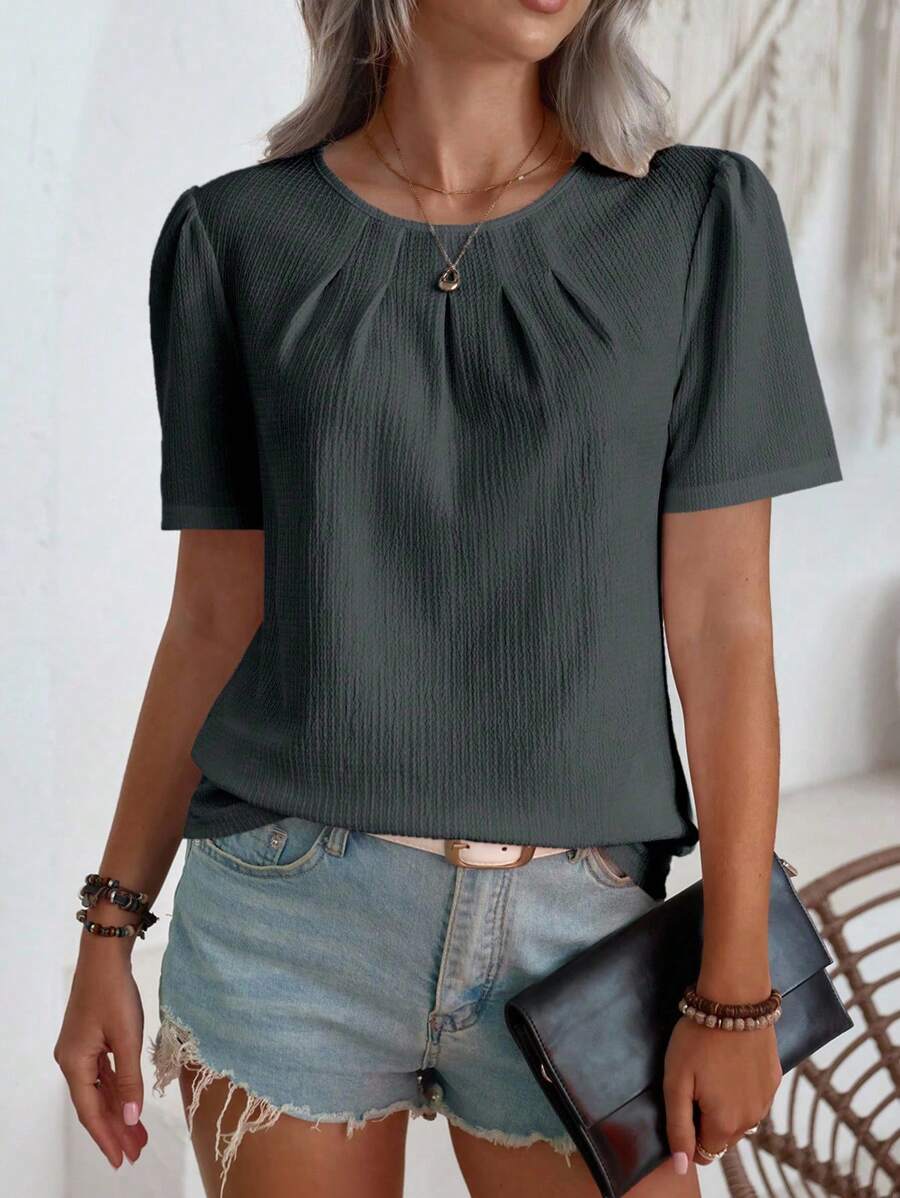 SHEIN LUNE 夏季休闲纯色泡泡袖衬衫 - 灰色 - 查看 1