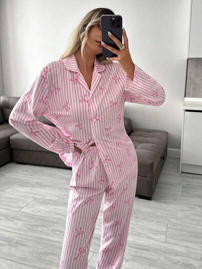 EURM Women Pcs Button Front Gestreepte Bot Pattern Homewear Schattige Pajama Set Roze Womens Sets Bows Two Piece Up