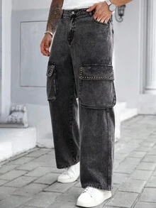 Manfinity Homme Quần Cargo Streetwear Nam có túi lớn và thiết kế đinh tán bằng đồng, vải denim đã giặt - màu đen - Xem 3