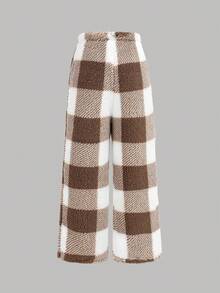 SHEIN 2pcs Teen Girl Plaid Pocket Decor Round Neck Long Sleeve Pajama Set With Plaid Pants, Comfortable Flannel Sleepwear For Autumn/Winter - Khaki - View 7