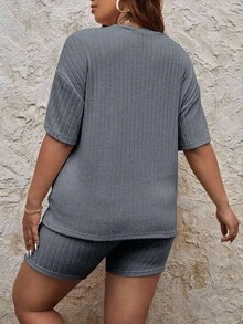 EURMUSE Plus Size Women's Solid Color Round Neck Drop Shoulder Ribbed T-Shirt And Shorts Casual 2 Pieces Set - Grey - View 2