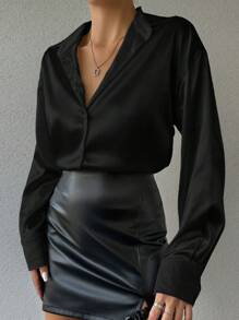 EURMUSE Women's Long Sleeve Solid Color Shirt, Spring/Summer - Black - View 5