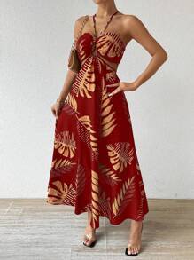 Breezaya 热带树叶印花镂空露背吊带长款沙滩裙度假沙滩装女款 - 紅色 - 查看 4