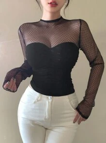 DAZY Áo thun tay dài chấm bi phối lưới dành cho nữ, Áo cưới dự tiệc gợi cảm - màu đen - Xem 6