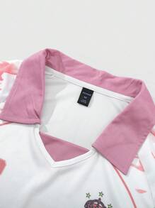 ROMWE MEN Prep 男士 Polo 衫，休闲运动樱花&英文文字图形印花短袖 Polo 衫 - 白色 - 查看 6