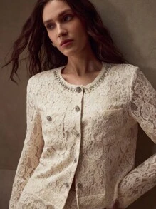 MOTF PREMIUM Conjunto elegante y exquisito de chaqueta de encaje con cuentas y falda con bajo de sirena, de moda y sexy para mujeres - Albaricoque - Ver 6