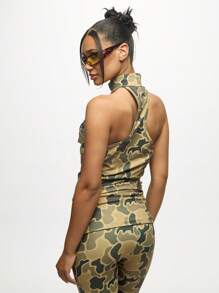 SUMWON WOMEN Camouflage Print High Neck Tank Top With Slash Details Unique Cutout Design Ruched Halter Style Sleeveless Blouse Fashion Statement Piece For Festival Season - Army Green - View 2
