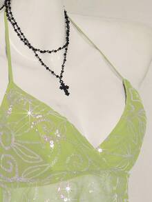 SHEIN ICON Women's Y2K Sexy Floral Lace Backless Camisole Lime Green Top Sequin Top