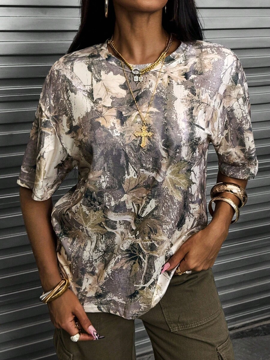 INAWLY Women Casual Distressed Branch Allover Print Short Sleeve T-Shirt - Multicolor - View 1