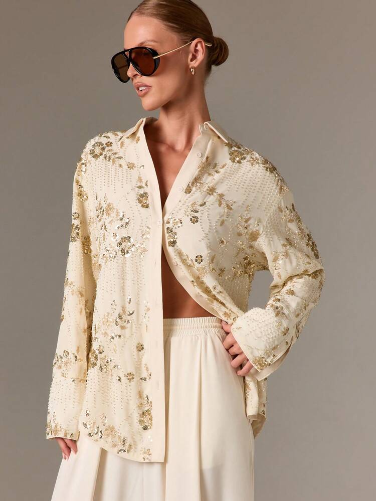 Oversized Sequin Floral Button Down Shirt With Long Sleeves