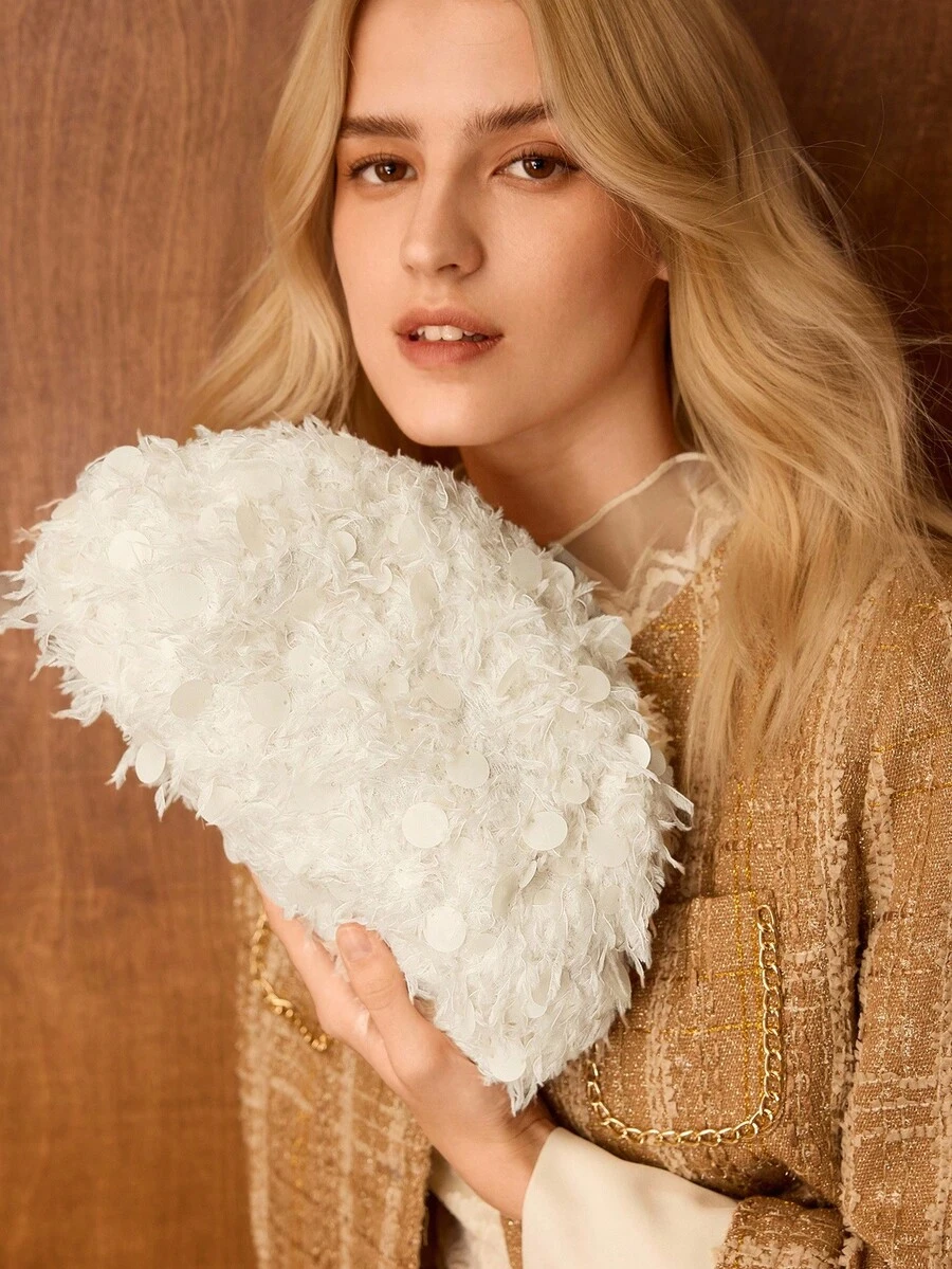 MOTF PREMIUM 女士时尚白色杏色纹理手拿包，情人节包，优雅、奢华，完美搭配舞会配饰 - 白杏色 - 查看 1