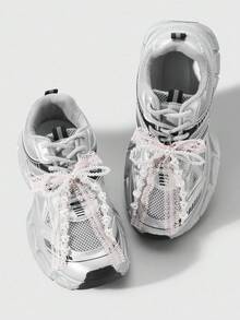 ROMWE Kawaii 2 件时尚可爱的手工串珠白色仿珍珠和粉色蕾丝蝴蝶结鞋夹，多功能装饰配件，适合女性、女孩、日常穿着、节日礼物 - 粉色 - 查看 7