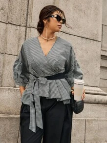 Calvaya Plus Size Women's Plaid Contrast Color Belt Waist Overlap V-Neck Puff Sleeve Mid-Sleeve Retro Elegant Blouse - Black and White - View 6