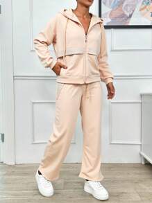 EURMUSE HAI MẢNH ÁO HOODIE HAI CHỈ ÁO THUN VÀ QUẦN LEN CÓ CHI TIẾT ĐÁ LẤP LÁNH - Màu be - Xem 5