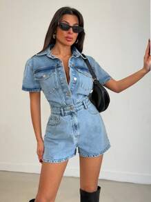 EURMUSE 女士纽扣半襟口袋短袖休闲牛仔连体裤