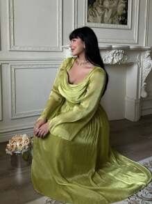 Lyrianda Plus Size Sequin Waist Fitted Long Sleeve Dress With Square Neckline Fall Cloth For Women