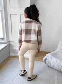 SHEIN Sparklyn 青少年女孩休闲百搭格子羊毛领短夹克 + 连体裤秋冬装 - 卡其色 - 查看 2