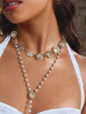 Glisma 1 pieza Collar geométrico metálico texturizado chapado en oro de 18K, adecuado para fiesta, casual, concierto/festival, discoteca, boda, vacaciones, campamento, Y2K, para mamá, mujer, niña, otoño, invierno, festival, vacaciones, dinero antiguo, Halloween