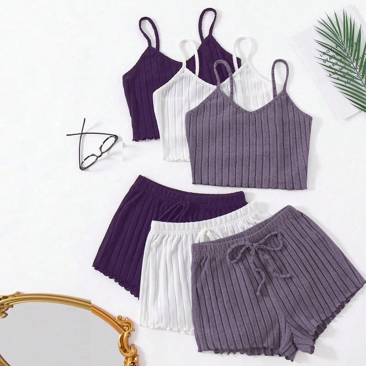 Piezas Conjunto de pijama de camiseta de punto acanalado y pantalones cortos de unicolor para mujer