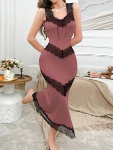 SHEIN Váy ngủ nữ ren chắp vá viền đuôi cá ôm sát cơ thể - Bụi hồng - Xem 4