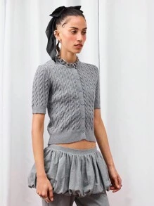 COUREZ 短袖纽扣针织开衫 /Y2K 秋季女装 秋季服装 可爱上衣 秋季上衣 返校季 - 灰色 - 查看 4