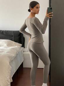 DAZY 2 件套蕾丝拼布裹身上衣和裤子套装，女士休闲装，秋季睡衣 - 咖啡棕 - 查看 2