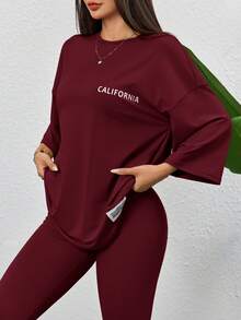 Mulvari 2 件女士休闲字母印花 T 恤和紧身裤套装 2 件套休闲套装女士女士休闲套装运动服套装女士 - 酒紅色 - 查看 5