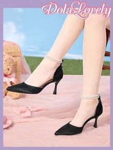 Dola Lovely Women's Black High Heel Lolita Style Cute & Elegant Pearl Chain Bow Pointed Toe Pumps, Suitable For Halloween And Christmas - Black - View 5