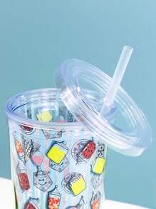 HARRY POTTER X SHEIN 1PC Cold Drink Juice Cup, 450ml Or 600ml Transparent Flat Lid, Double-Layer Straw Cup, Straw Juice Cup, Transparent Bow Shaped Cup - Multicolor - View 3