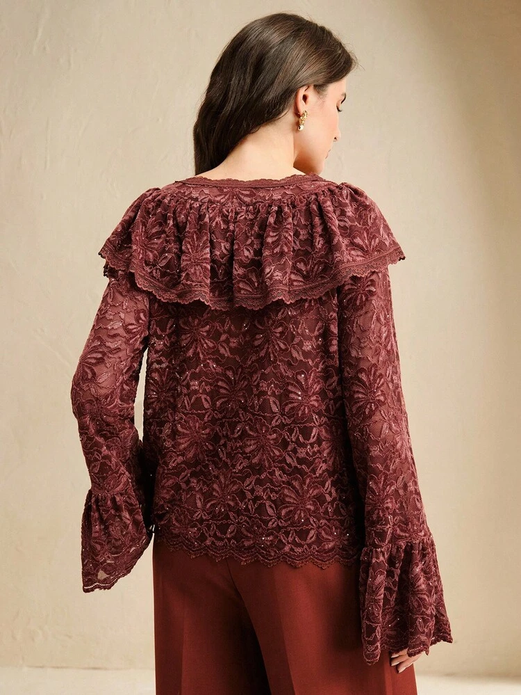 Women's Elegant V-Neck Velvet Lace Ruffle Trim Long Sleeve Blouse, Romantic For Christmas & Date, Winter